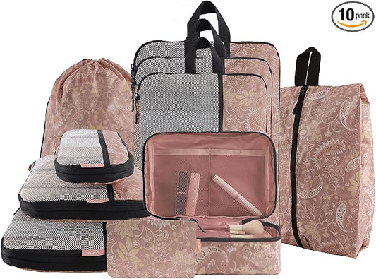 U+U 10 Set Compression Packing Cubes - Ultralight Travel Organizers with Laundry Bag, Space-Saving Suitcase Organizer, Expandable Packing Cubes for Travel and Family Vacation (Paisley Pattern)