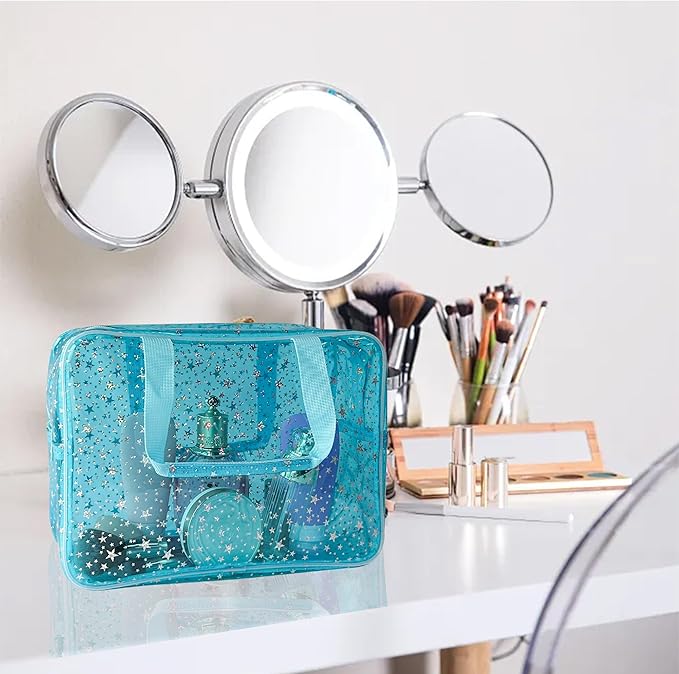 Holographic Star Large Light Blue Makeup Cosmetic Organizer Bag and Travel Pouch with Handle,Durable Material,Zipper Design-Ideal for Makeup,Travel Essentials (Blue)