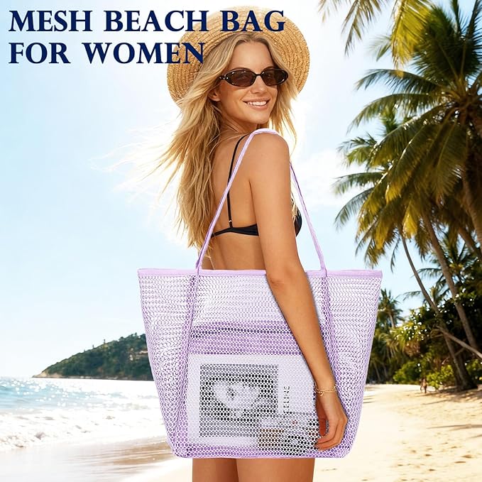 Fammart Mesh Beach Bag, Large Beach Tote with Zipper Pocket, Toys Pool Bag for Family Travel Vacation Cruise Essentials