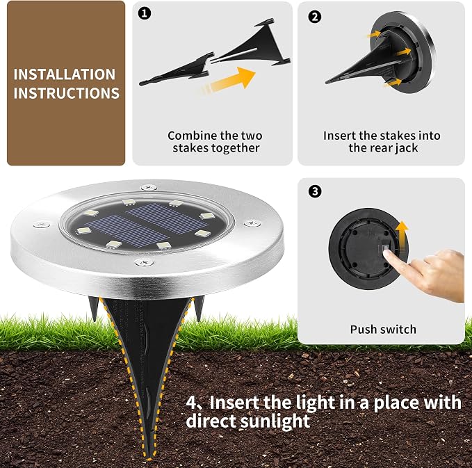 SOLPEX Solar Ground Lights Outdoor, Walkway Lights 12 Pack Warm White | IP65 Waterproof Stainless Steel Landscape Lighting for Driveway, Pathway, Garden, Patio, Backyard Decor