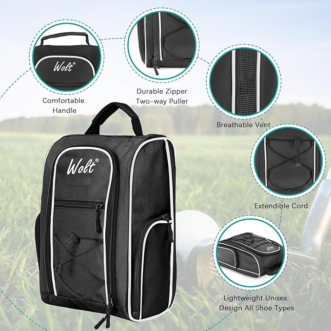 Wolt |Golf Shoe Bag for Travel- Zippered Shoes Carrier Bags with Ventilation & Double Outside Accessory Pocket for Socks, Tees, Golf Balls, Etc. for Women and Men (Black)