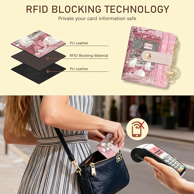 Jogjam Cute Kawaii White Cats Rfid Ladies Wallet, Small Credit Card Women Wallet, Japanese Dessert House PU Leather Bifold Cash Zipper Coin Pocket for Female