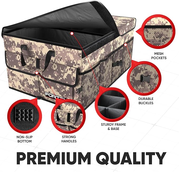 FORTEM Car Trunk Organizer - Collapsible Multi Compartment SUV Trunk Organizer, Non Slip Bottom, Adjustable Securing Straps, Soft Cover 50L (Desert, Standard)
