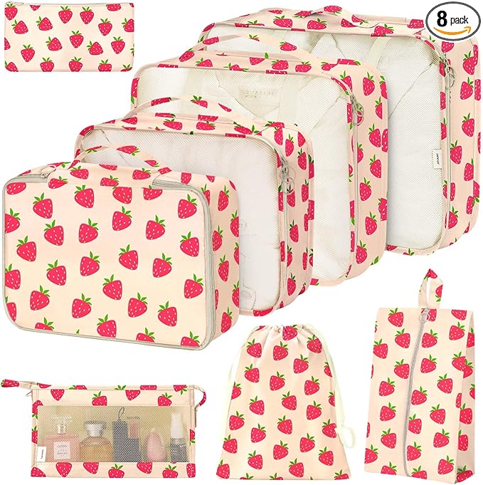8 Set Packing Cubes for Suitcases,Packing Cube with Shoe, Cosmetics, Clothing, and Accessories Bags Packing Cubes for Travel Luggage Organizer Women Men(8 Set Strawberry)