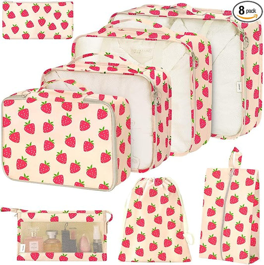 8 Set Packing Cubes for Suitcases,Packing Cube with Shoe, Cosmetics, Clothing, and Accessories Bags Packing Cubes for Travel Luggage Organizer Women Men(8 Set Strawberry)