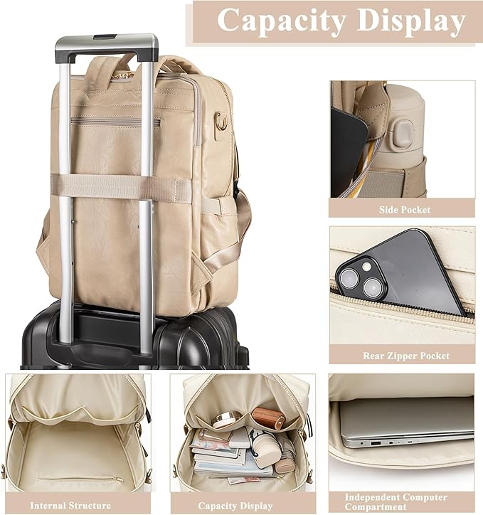 myfriday PU Leather Large Backpack Purse for Women Casual Travel Backpack Convertible Satchel Handbags With Luggage Strap (Biege)