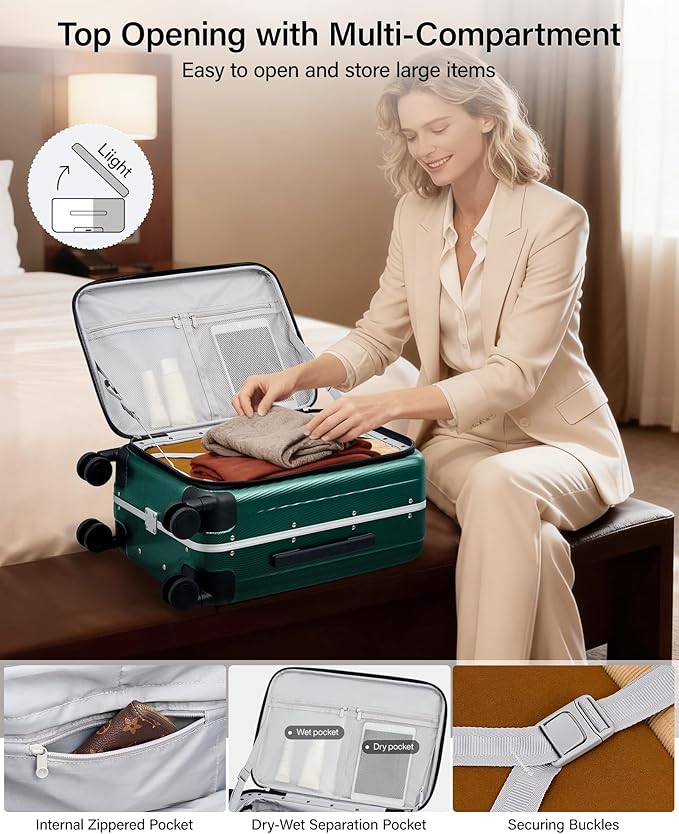 Hanke 26 Inch Large Checked Luggage PC Hard Shell Luggage Top Opening Travel Luggage Suitcases with Wheels for Woman Men.(Dark Green)