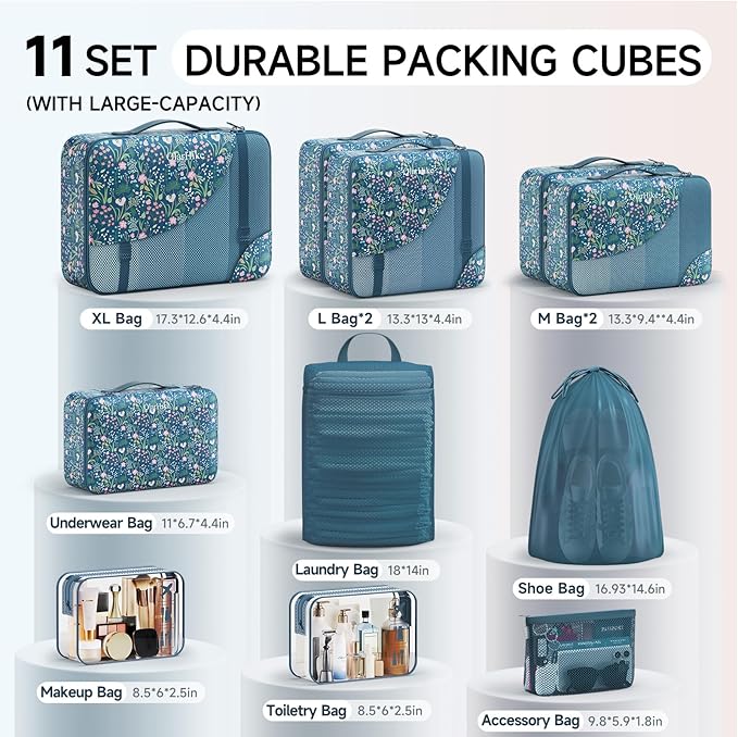 11 Set Packing Cubes for Travel,Gifts for Women Mom Kids,TSA Approved Bags for Makeup,Cosmetic,Toiletry, Suitcase Organizers for Checked Luggage,Cruise Essentials,Airplane Accessories,Dark Blue Floral