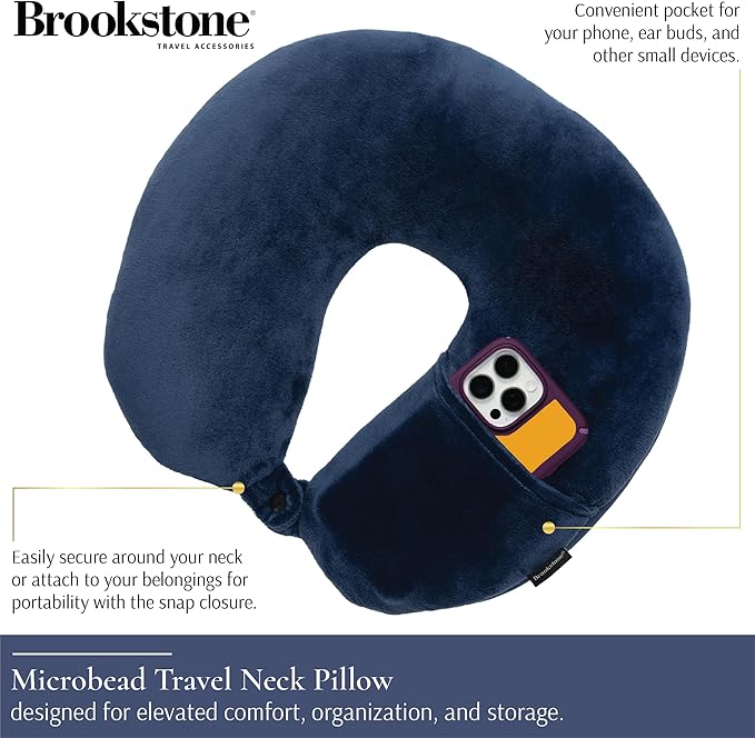 Brookstone Microbead Travel Head and Neck Pillow Lightweight and Plush with Phone or Headphone Pocket, Blue