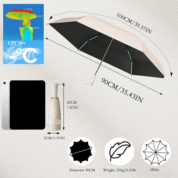 Mini Folding Travel Umbrella with Built-in Hidden Telescoping Handle,Teflon Coating, UPF 50+,UV Protection,Compact Lightweight Portable,6 Ribs Design,Small,Sun/Rain,Women/ Kids/Girls,Backpack Car