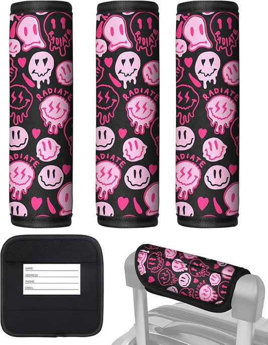 Slohif Luggage Handle Wrap 3Pcs Suitcase Identifier - Bag Strap Cover For Bogg Travel Accessories Easy Identification Bright Marker Sleeve Grips Comfort Neoprene Concealed Tag For Airport Pink Smile