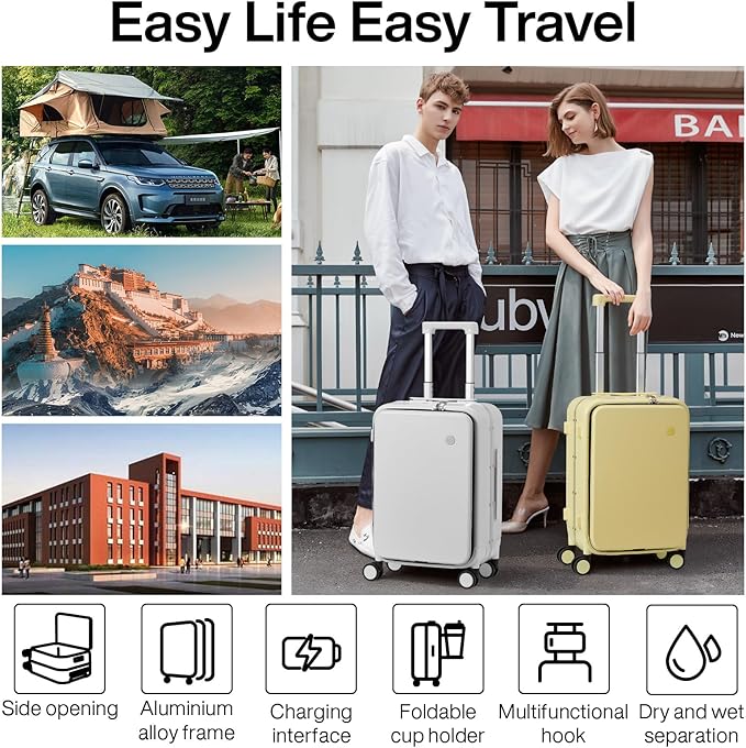mixi Large Checked Luggage with Cup Phone Holder and Charger Hard Shell Suitcases with Spinner Wheels, 26 Inch Lark Yellow