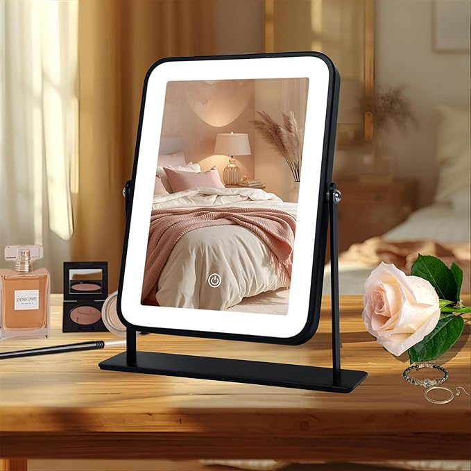 11"x9" Rechargeable Desktop Makeup Mirror with LED Lights, Adjustable Brightness Lighted Vanity Mirror, Tabletop Mirror for Bedroom, Gifts for Women with 3-Color Smart Touch Dimmable Lighting