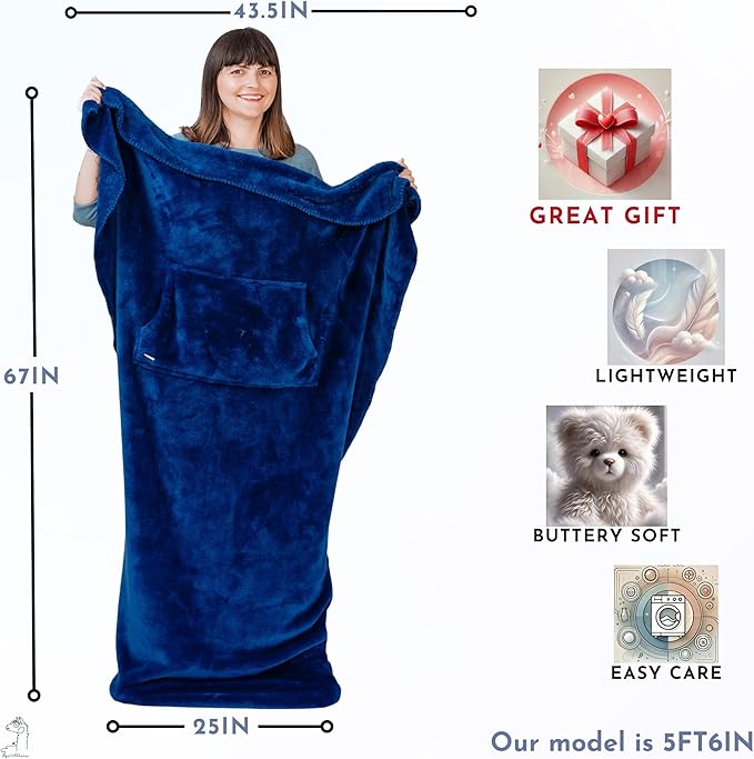 Plush Fleece Lightweight Foot Pocket Blanket - TV Throw Blanket - Premium Gifts for Men Who Want Nothing - Gifts for Gamer Dad -Patent Pending (Fleece, Velvet Blue)