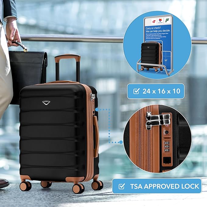 Flight Knight 24x16x10 Expandable Carry On Suitcase Hardside TSA Lock USB C Lightweight Luggage Silent Double Spinner Wheels Maximum Overhead Carry-On Bag For Virgin South West Approved Black/Tan