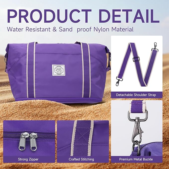 WALNEW Travel Duffel Bag, Weekender Overnight Carry On Bag for Women Men, Foldable Waterproof Gym Luggage Duffle Bag with Metal Buckle Detachable Shoulder Strap and Wet Compartment (Purple)
