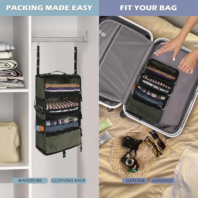 Surblue Travel Hanging Luggage Organizer Portable Suitcase Closet Organizer Multiple Compartments Collapsible Compression Packing Cubes Shelf, Green, S