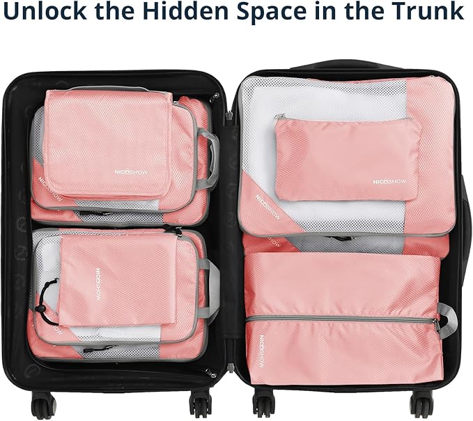 Compression Packing Cubes 10 Set, Compressible Space-Saving Packing Cubes for Travel - Compression Bags, Luggage Organizer, Travel Essentials for Women, Pink