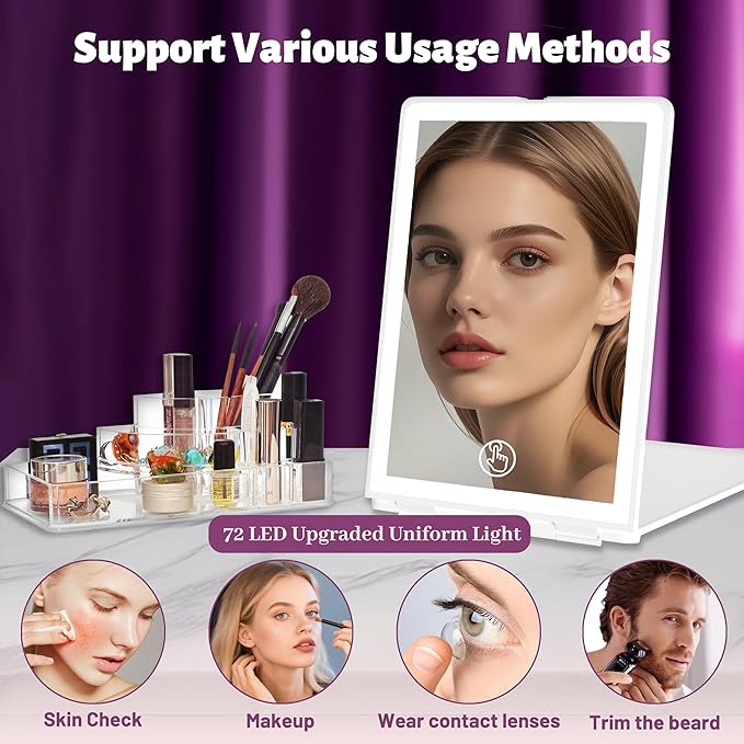 Travel Makeup Mirror with Lights Valentines Day Gifts for Her, Girlfriend, Wife, Birthday Gifts, Rechargeable Portable Compact Mirror, Lighted Makeup Mirror with 72 LEDs 3 Color Light Modes