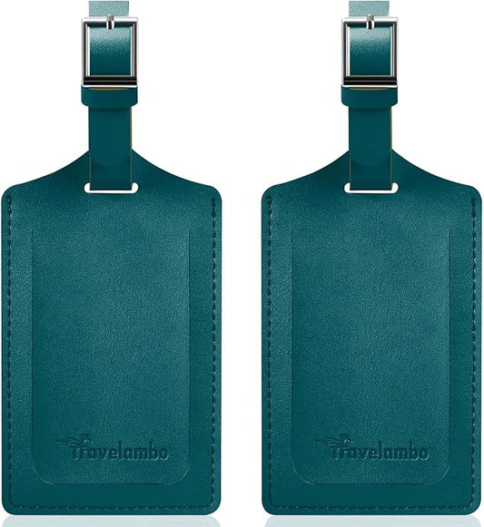 Travelambo Luggage Tags for Suitcases Faux Leather Privacy Protection 2 Pack Bag Tags Travel Accessories Essential, Summer Green