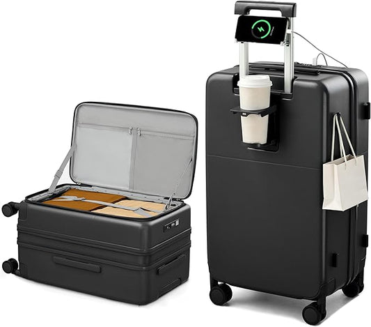 Hanke 24 Inch Expandable Checked Luggage with Cup Holder and Charger Port,Top Opening Hard Shell Suitcases with Wheels, Medium Travel Rolling Suitcase Trunk Luggage with Lock, Jet Black