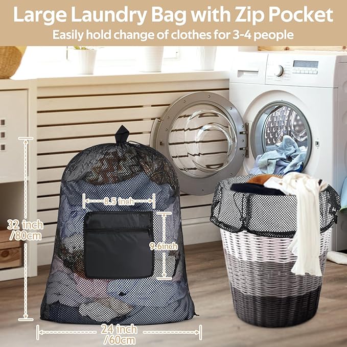 OTraki Mesh Laundry Bag Backpack 24x32 Inch Gym Drawstring Backpack Travel Dirty Clothes Bags with Pocket & Adjustable Shoulder Straps for College Dorm Apartment Don't Drying, Melting 140-176℉ (Black)
