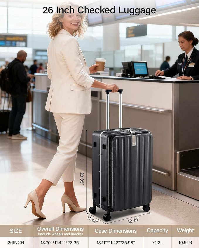 Hanke 26 Inch Large Checked Luggage PC Hard Shell Luggage Top Opening Travel Luggage Suitcases with Wheels for Woman Men.(Jet Black)