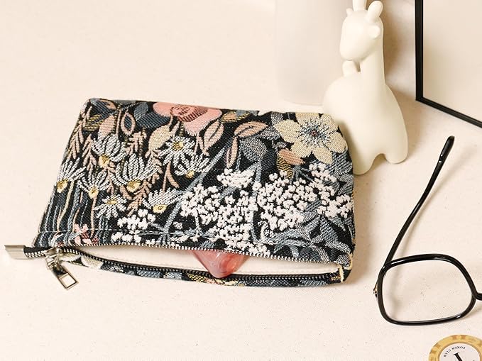 HAPPYHEIDI Cute Floral Makeup Bag Cosmetic Travel Pouch with Bottom and Zipper, Purse Make Up Organizer, Aesthetic Textured Fabric, Medium