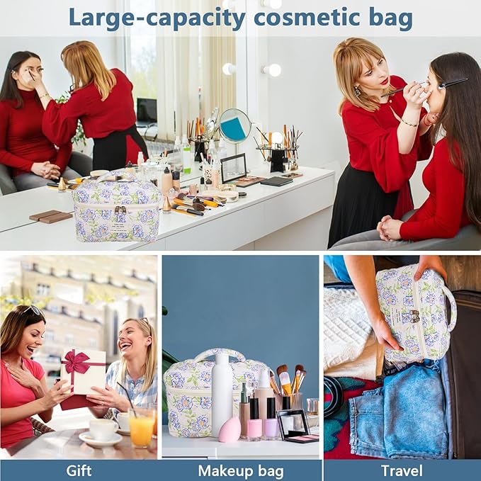 Large Makeup Bag, Cute Cosmetic Bag for Women Girls, Floral Coquette Aesthetic Toiletry Bag, Travel Make Up Organizer Bag (light blue)