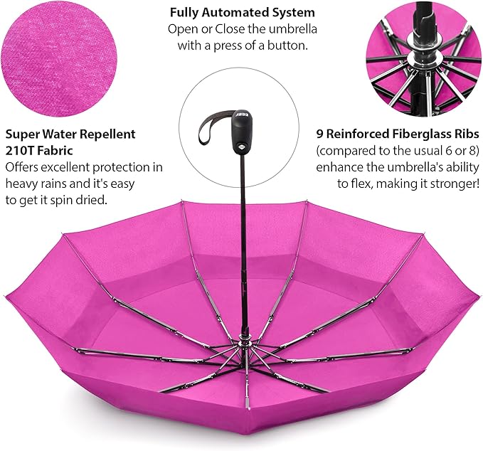 Windproof Compact Umbrella for Rain - 42” Travel Umbrella, Portable, Strong, Collapsible to 11”, Automatic Open Close Button, Vented Double Canopy with Fiberglass/Steel Frame, Wind Resistance to 55MPH