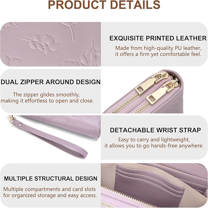 yiijay Womens Wallet RFID Blocking Large Capacity Vegan Leather Double Zip Wristlet Wallet Card Holder Travel Ladies Clutch