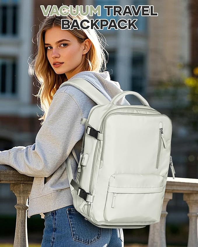 VECAVE Vacuum Travel Backpack with Pump for Women, Personal Item Carry on Backpacks Flight Approved 18x14x8 inches for Men,Laptop Waterproof Work Compression bags Casual Daypack YYWhite