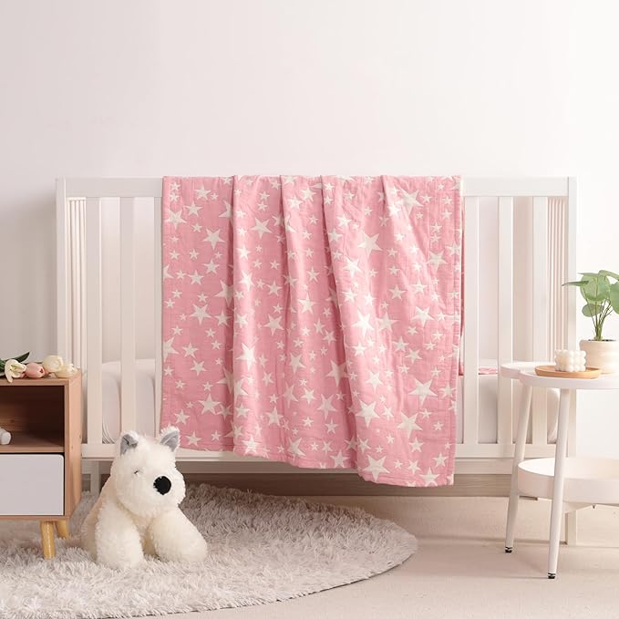 NTBAY 3 Layer Oversized Muslin Cotton Toddler Blanket, 45x60 Inches Jacquard Reversible Nursery Bed Blanket, Super Soft and Thermal Crib Blanket for All Seasons, Baby Gift, 45"x60", Pink/White Star