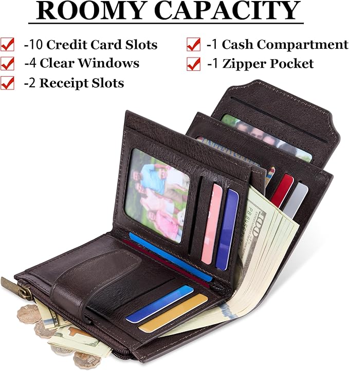 Airkit Small Wallet Women RFID Blocking Genuine Leather Bifold Compact Card Holder Wallet for Women with Zipper Coin Pocket 4 ID Window