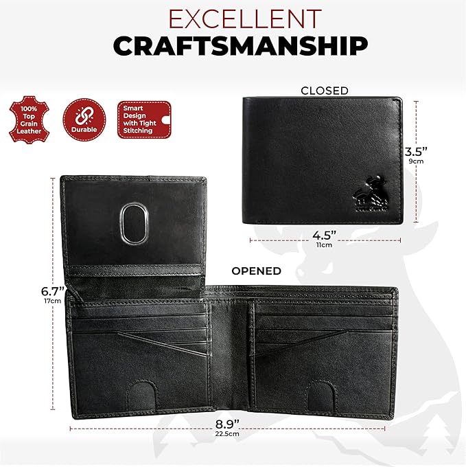 BULL GUARD RFID Blocking Wallet For Men Bifold Soft Black Genuine Nappa Leather Secure and Durable Extra Capacity Billfold with 11 Credit Cards