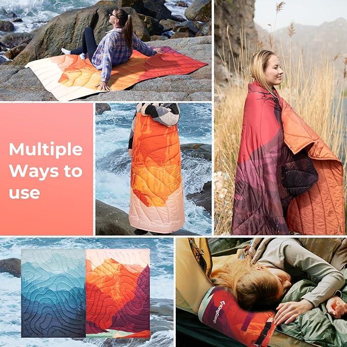 KingCamp Ultralight Camping Blanket, Packable Down Alternative Puffy Printed Wearable Blanket with Snap Buttons & Corner Loops Weatherproof Quilt for Outdoor Travel Stadium (78.7"L x 57.1"W, ORANGE)