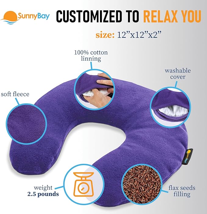 SunnyBay Microwave Heating Pad, Microwavable Heated Neck Pillow for Moist Hot Therapy, Heated Neck and Shoulder Wrap with Flax Seeds Filling and Washable Cover, Purple, 2.5 lbs,12"x2"x2"