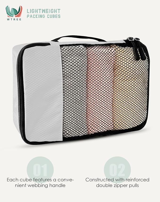4-Piece Packing Cubes Travel Accessories Set for Suitcases - Luggage Organizer Bags with Double Zipper - Mesh Top - Small/Medium/Large/Slim - Beige