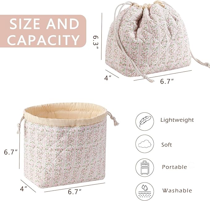 Cotton Quilted Drawstring Makeup Bag with Canvas Lining,Coquette Aesthetic Cute Travel Toiletry Bag,Drawstring Gift Bag for Women and Girls（17Small Pink）