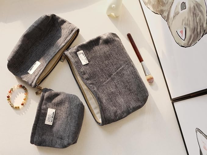 HAPPYHEIDI Large Gray Velvet Makeup Bag with Compartment Cosmetic Toiletry Travel Pouch,Purse Accessory Organizer, Canvas Lined