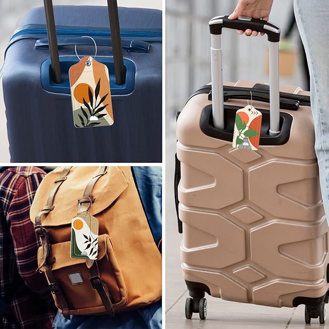 Rimilak 3 Pcs PU Leather Luggage Tags for Suitcase, Travel Cruise Luggage Tag with Privacy Flap, Name ID Label and Metal Loop for Women Men Baggage Handbag School Bag Backpack, Tropical Plant