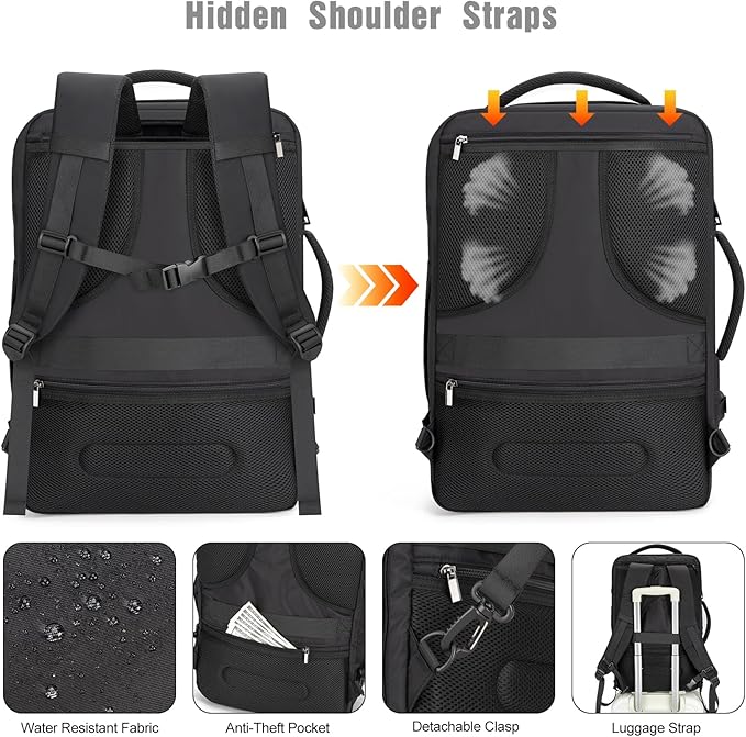 Tzowla 40L Expandable Travel Laptop Backpack for Men Women Carry on Flight Approved,Large Capacity Anti Theft Backpacks with Giant Tumbler Holder Pocket,Personal Item Bag Fit 17.3" Computer（Black