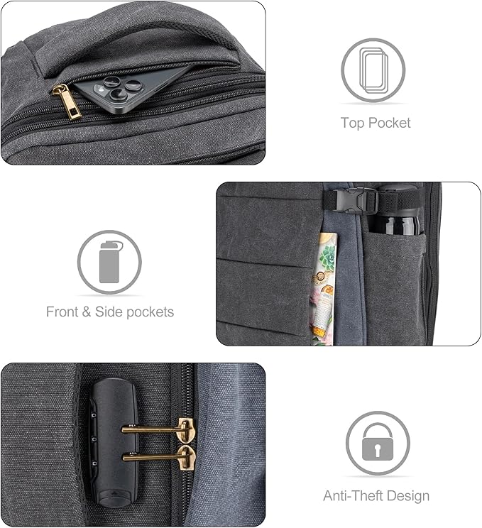 Tzowla 40L Canvas Expandable Travel Laptop Backpack for Men Women Carry on Flight Approved,Large Capacity Anti Theft Backpacks,Vintage Personal Item Bag Fit 17.3" Laptop(Black & Blue)