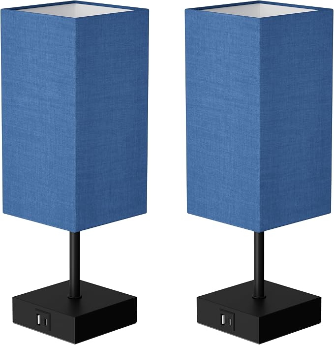 Touch Bedside Table Lamp for Bedroom, 14-Inch, Navy Blue Set of 2 | USB A+C Ports, Touch 3-Way Dimmable LED Bulb Included Fabric Lampshade Metal Base Small Nightstand Lamp for Desk Living Room