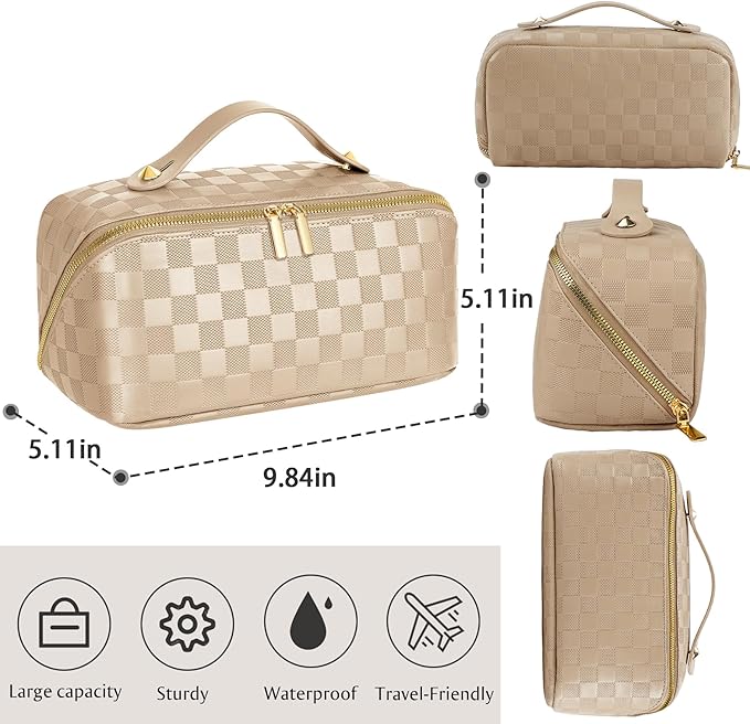 Large Capacity Travel Cosmetic Bag - Portable Makeup Bags for Women Waterproof PU Leather Checkered Makeup Organizer Bag with Dividers and Handle,Toiletry Bag for Cosmetics