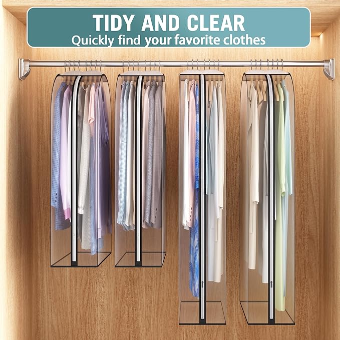 Liuoud Clear Garment Bag for Hanging Clothes 10” Gusseted, (40&50") Suit Bags for Open Closet Storage Plastic Clothes Cover for Coat, Dress, Shirts, Fur, Jacket, Wardrobe Protectors, 4 Pack