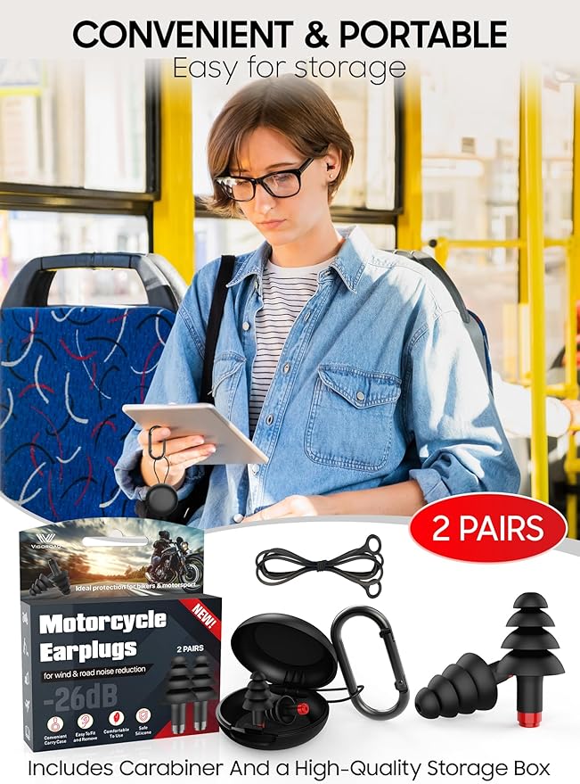 Motorcycle Ear Plugs for Wind Noise Reduction, Reusable Silicone Earplugs with Filter for Long Rides, 26dB Hearing Protection with Safety Cord & Travel Case
