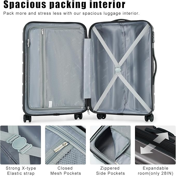 Coolife Luggage Suitcase Carry-on Spinner TSA Lock USB Port Expandable (only 28’’) Lightweight Hardside Luggage (Gray, L(28in))