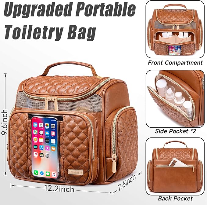 Large Leather Toiletry Bag for Women Men,Bathroom Bag,Water Resistant Shower Bag,Makeup Bag,Portable Shower Caddy for College Dorm,Hanging Travel Toiletry Bag with Transparent Waterproof Phone Pocket