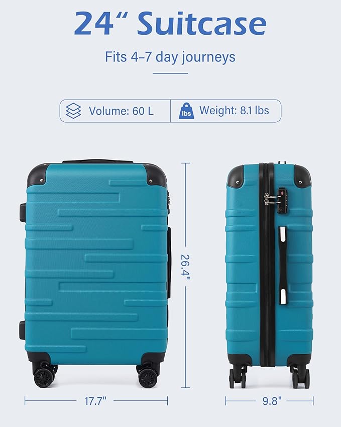 Coolife Hardside Checked Luggage with TSA Lock, Spinner Wheels, Telescopic Handle, Lightweight Suitcase (Blue, M(24in))